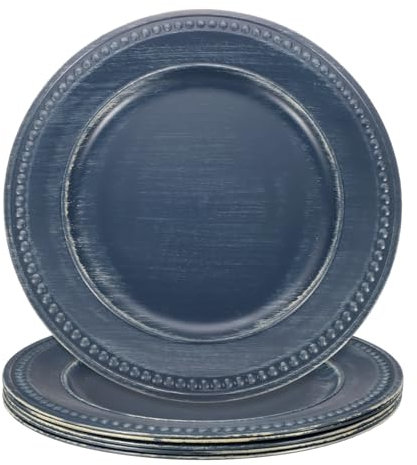 sourcing map Lot de 6 assiettes de présentation vintage en vrac, 33 cm en plastique avec perles pour assiettes plates, chargeur rond pour fête de mariage, événement, décoration de table, bleu foncé