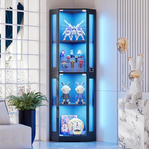 BROTTAR 165 cm Eck-Glasvitrine mit LED-Beleuchtung & 4-stufige Schauvitrine mit Glastüren und Human Body Sensor für Sammlerstücke, Spirituosen, Schwarz