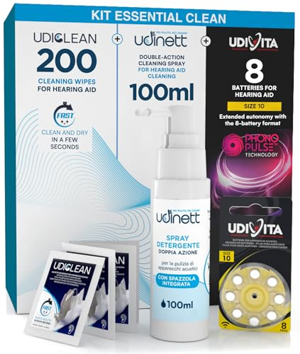 8 Pilas para Audífonos Tamaño 10 PR70 Amarillo + Spray Limpiador con Cepillo Integrado Udinett 100ml + 200 Toallitas Limpiadoras Udiclean Tamaño de Bolsillo - Kit Essential Clean