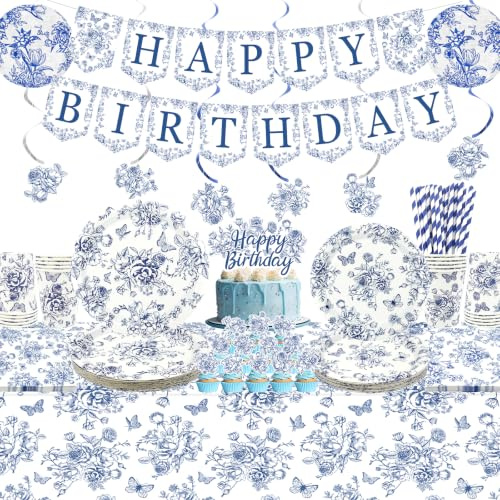 Decorazione floreale blu e bianca per feste, con striscione di buon compleanno, piatti, bicchieri, tovaglioli, tovaglia, lanterna di carta, cannucce, per fiori, compleanno, matrimonio, cineserie