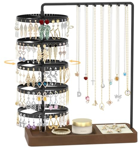 EsLuker.ly Earring Holder Organizer Necklace Display Stand, Jewelry Tree Rack Storage with Wooden Ring Tray for Women Vendors Selling, 5 Tier Plastic Rotating Earring Tower, Prevent Tangling and Mess