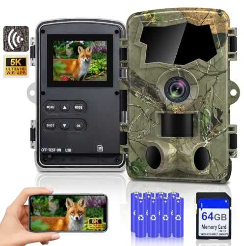 5K Wildlife Camera,64MP Full HD Wildlife Camera With Night Vision Motion Activated with Mobile Phone Transmission App with Battery, Infrared Trail Camera with 64G SD Card & 8 x AA Batteries，IP66