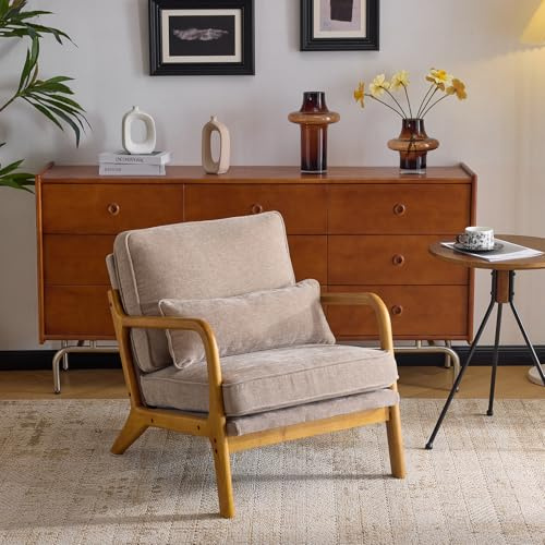 Bonnlo Accent Chair, Soild Wood Padding Lounge Armchairs, Occasional Reading Chair with Cushions and Lumbar Pillow, Armchairs for Living Room, Bedroom, Guest Room, Chenille, Khaki