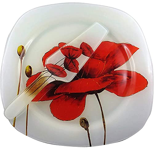 Présentoir À Gâteaux Avec Sa Pelle À Gâteau En Verre, Plateau À Gâteau Ou Tarte 30X30cm Motif Coquelicot, Présenté Dans Son Coffret Cadeau En Carton Et Pvc, Noël, Fête. Plat De Service Blanc Et Rouge
