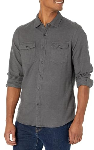 Amazon Essentials Men's Slim-Fit Long-Sleeve 2-Pocket Flannel Shirts, Charcoal Heather, L