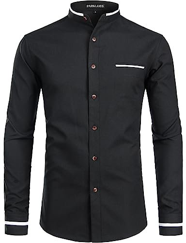PARKLEES Mens Hipster Design Grandad Collar Oxford Shirt Slim Fit Long Sleeve Casual Button Down Dress Shirts with Pocket Black L