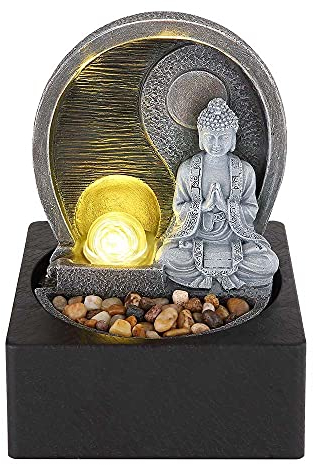 LED Tischbrunnen Wohnzimmer Zierbrunnen Dekoleuchte Asia Zimmerbrunnen Wasserspiel, mit 1,5m Kabel und Pumpe Buddha Design, anthrazit grau, 4x 0,13W LED 3000K 3W Pumpe, L x B x H 18 x 18 x 24 cm
