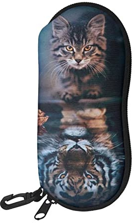 HUIACONG Cool Cat Tiger Glasses Case with Zipper Eyeglasses Case with Belt Clip,Cool Animal Design Sunglasses Case Soft Eyeglasses Bag for Men Adult Kids