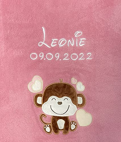 KIDDI-MEDIA Babydecke mit Name und Geburtsdatum Bestickt/kuschelig weich / 1A Qualität (Altrosa - AFFE)
