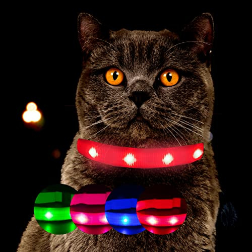 Ljushalsband för katter [originalet] lysande LED-katthalsband för promenader även i mörkret – mycket lång batteritid – säker tack vare stark ljusstyrka – katthalsband (S, röd)