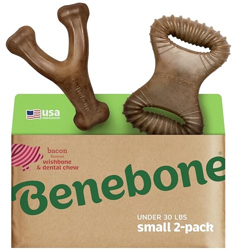 Benebone 2 Count (Pack of 1) Wishbone/Dental Durable Dog Chew Toys, Real Bacon, Made in USA, Small