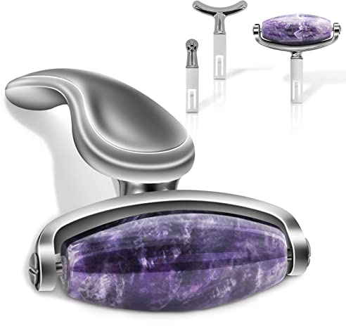 Gesichtsroller Jade Face Roller Augenmassagegerät, Anti-Aging Gesichtsmassagegerät Schönheitswerkzeug für Hautstraffung, beseitigt Augenschwellungen, verjüngende Gesichtshaut (lila+silve zurück)