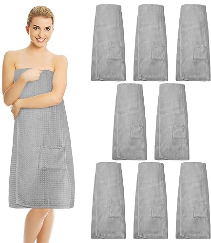 Tigeen 8 Pcs Waffle Body Bath Wrap for Women Knee Length Bath Towel Wrap with Pocket Adjustable Closure for Spa Shower (Grey)