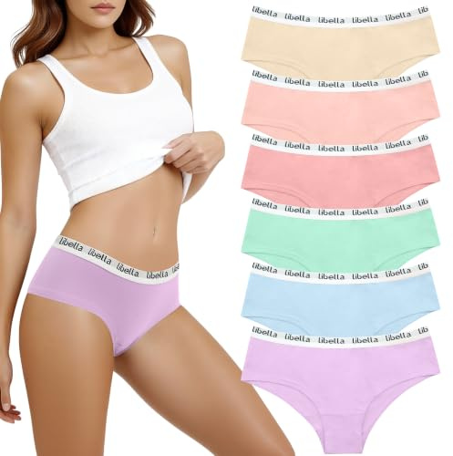 Libella Slip Donna Bassi in Cotone Elasticizzato Mutande Pacco da 6 | Slip comodi,elastici e traspiranti con fascia sportiva,adatti per uso quotidiano,fondo doppio,senza etichette,Hipster Intimo