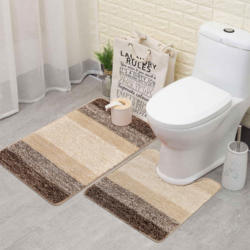Famibay Badematte und WC Vorleger Set Badezimmerteppich rutschfest Waschbar WC Teppich Set Beige Mikrofaser Badteppich Wasserabsorbierend Badvorleger für Badezimmer Toilette
