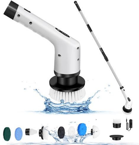VickyHome Electric Scrubber Cordless Bathroom Cleaning Brush with Adjustable Extension Arm, Variable Speed Battery Powered Grout Cleaner Shower Cleaning Brush with 360°Head for Floor Car