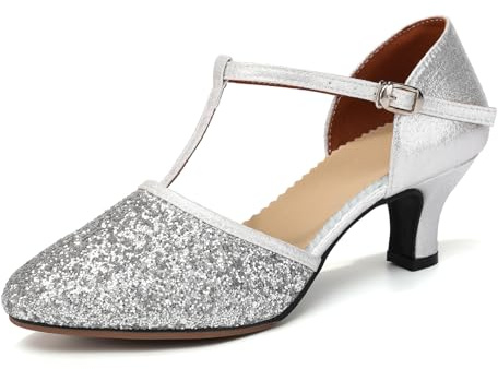 YCALCP Scarpe da Ballo Latino Americano Donna con Paillettes Punta Chiusa Scarpe Ballo Salsa Tango con Tacco Basso,Tacco di 5.5 cm,FT-135-Argento-R,Tacco 5.5cm,EU 37