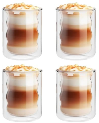 Lot de 4 tasses à café et tasses à café isothermes en verre à double paroi de 200 ml, pour latte, cappuccino, latte macchiato, résistantes à la chaleur, double couche (transparent, 4 x 200 ml)