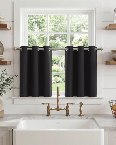 PONY DANCE Short Blackout Eyelet Curtains, Black, 2 Panels, W42 x L36 Inch | Thermal 36 Inch Drop Curtains for Caravan & Bedroom with Room Darkening, Privacy Protection & Noise Reduction