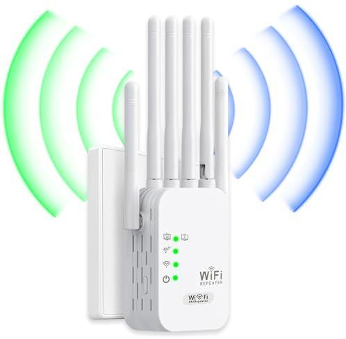 Repetidor WiFi,Amplificador señal WiFi, 6 Antenas, 2 Puertos LAN, repetidor de WiFi/Extensor WiFi, Cobertura de hasta 1200 Metros Cuadrados，Adecuado para oficinas y hogares, fácil de Instalar