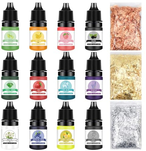 Barlone Epoxidharz Farbe Set, 12 Konzentrierte Flüssiger Epoxidharz Farben mit 3g Blattgold, Resin Farbe für Epoxy Resin Kunst, Kunstharz Handwerk, Malerei, Schmuck, je 5 ml