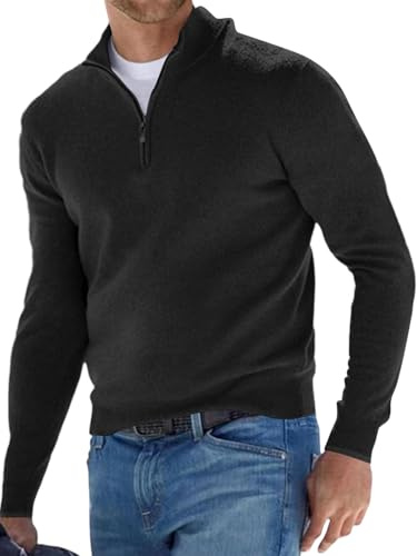 JFAN Maglione Uomo Manica Lunga Maglione Collo Alto con Zip 1/4 Maglioni Classico Uomo Caldo Pullover in Maglia per Autunno e Inverno(Nero,XL)