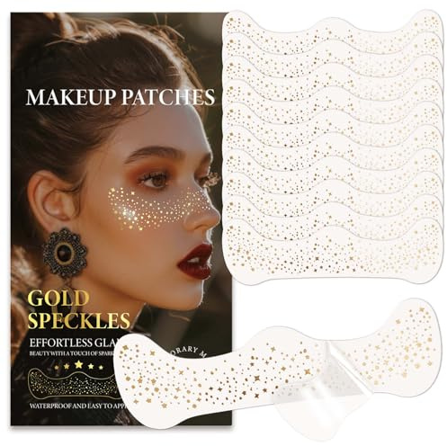 Clawrex Glittertatueringar, fräknar, 10 stycken gyllene glitter, fräknar tatuering, vattentät fräknande pinne, tillfälliga tatueringar, festtillbehör, glänsande guldfolier, ansikte smink (QBT-015)