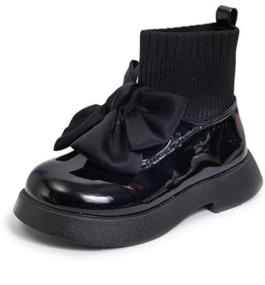 FREECOZYER Kids Boots Girls Black Ankle Boots with Knitted Bowknot Socks Winter Pull On School Shoes for Little Kid Big Kid Girls (Black, Big Kid, 13, Numeric, UK Footwear Size System, Medium)