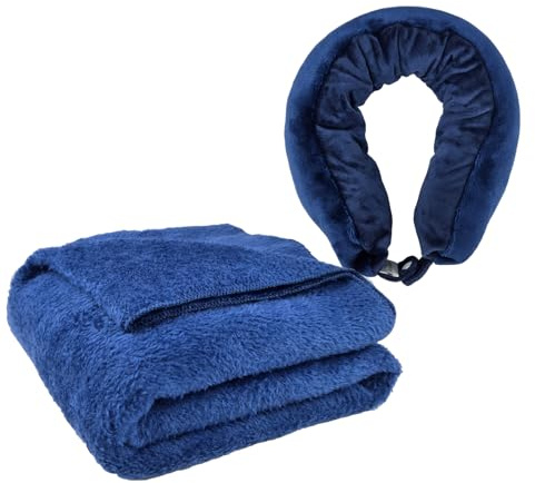 lomitech 2-in-1 Reisedecke mit Reißverschluss – Faltbare Decke als Nackenkissen & Schal, Weich & Warm, Tragbar für Flugzeug,Zuhause (Blau)