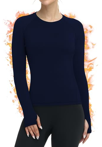 WISMBOX Womens Thermal Shirts, Warm Long Sleeve Fleece Lined Thermal Underwear Tops, Quick Dry Ski Winter Running Gym Sports Hiking Base Layer for Cold Weather Navy Blue