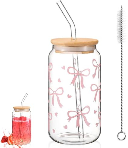 Dinhauyon Bicchiere con fiocco rosa,500ml Bicchieri da Caffè Freddo, bicchiere per bevande multifunzionale ed elegante con coperchio e cannuccia, regalo estetico per le amiche