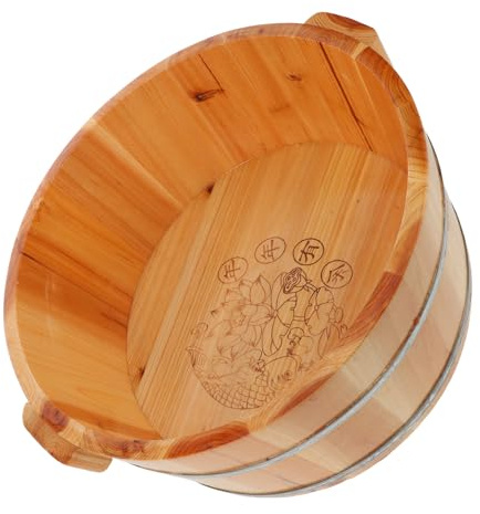 DECORNIJIA Bassin De Pédicure En Bois Naturel 36 Cm Diamètre 16 Cm Hauteur Profond Artisanal Poignées Portatif Pour Soins Des Pieds Maison Voyage Spa Relaxation