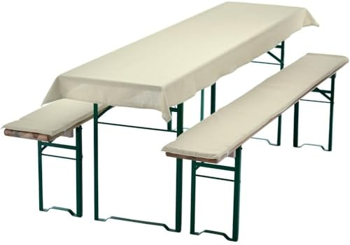 Waidmeister Bierbankauflagen Set 3 teilig - Auflagen für Bierzeltgarnitur - 1 Tischdecke 240x70 cm für Biertisch & 2 Bankauflagen gepolstert 220x25 - Farbe: Ecru