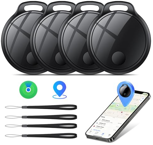 Air Tracker Tag 4 pezzi Nero,Gps Tracker Funziona Bluetooth Trova oggetti Compatibile con Apple Dov'è (solo iOS) Localizzatore Chiavi per Borse, Bagagli, Zaini, Batteria Sostituibile