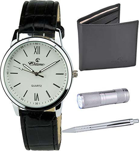Coffret cadeau Montre Homme Blanc - Lampe LED - Portefeuille - stylo