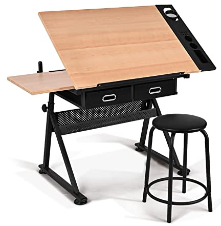 GIANTEX Zeichentisch mit Hocker, Architektentisch Schreibtisch höhenverstellbar & neigungsverstellbar, Schülerschreibtisch 2 Schubladen / 2 Arbeitsflächen, Bürotisch Arbeitstisch Architekten (Natur)