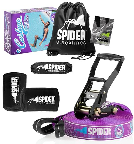 Spider Slacklines - Custom Slackline Kit for Experienced slackliners or Those New to Balancing - Complete Set of Webbing Length 20m with 1x Ratchet