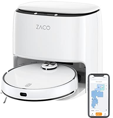 ZACO M1S Saug Wischroboter mit Waschstation, Selbstreinigung, Lasernavigation & Hinderniserkennung, 4L Frischwassertank, App, Mapping, bis 180Min, Wisch Saugroboter für Parkett & Tierhaare