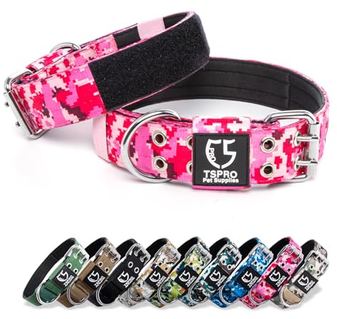 TSPRO Taktisches Hundehalsband, Verstellbares Halsband Hund mit Metallschnalle und Flicken, Haltbar und Dick, für Große bis Extra Große Hunde (Camo Rosa L/XL)