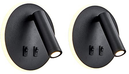 uksunvi Lámpara de pared LED, lámpara de pared de lectura junto a la cama, lámparas de lectura de pared LED de 12 W, foco ajustable （3 W + 9 W 3000 K luz cálida） (negro Forma redonda 2PCS)