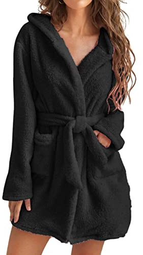 Accappatoio corto da donna con cappuccio – coperta pigiama da donna con cappuccio in pile accappatoio leggero morbido peluche corto flanella biancheria da notte in peluche da donna, Nero , XL