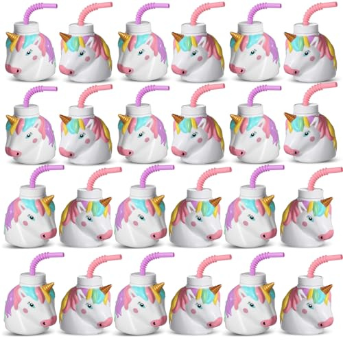 Mifoci 24 Set Unicorn Birthday Party Favor Gift Cups with Straws, 10 oz Plastic Unicorn Shape Cup Reusable for Girls Birthday Baby Shower Party Supplies (Pastel Color)