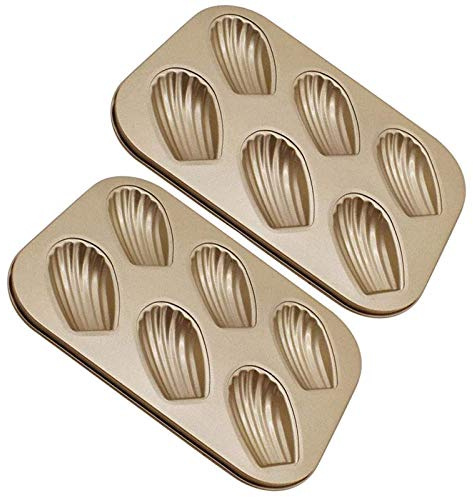 ALOEU 2 Pack Madeleine Mold Cake Pan, Non-Stick Heavy Duty Shell Madeline Bakeware for Oven Baking (Gold)