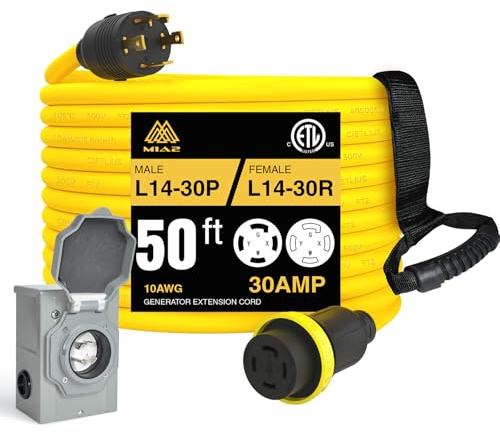 M1A2 30 Amp 4 Prong Generator Cord and 30 Amp Pre-Drilled Inlet Box Heavy Duty NEMA L14-30 SJTW 125/250V 7500W 10 Gauge House Power ETL Listed 50FT Extension Cord Blackout Emergency Hurricane