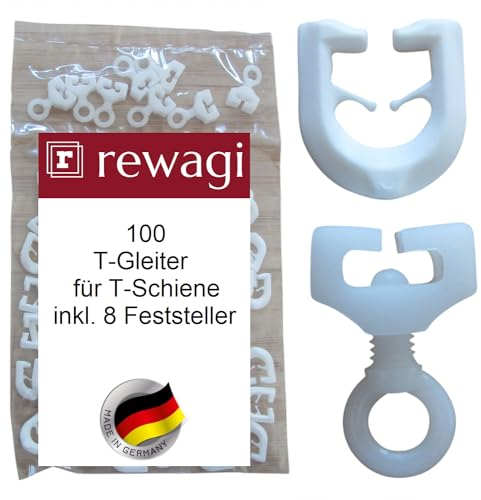 rewagi 100 T-Gleiter, Gardinenhaken & 8 Feststeller für T-Schienen, Überklipshaken, Faltenhaken - weiß