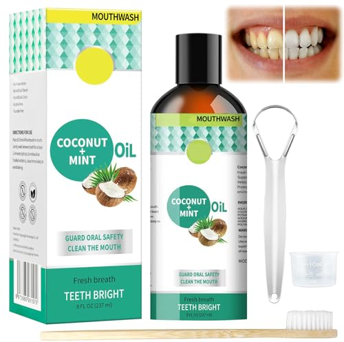 Kokosöl Mundspülung,Kokosöl Zähne für Zähne 237 ml,Mundziehöl mit Kokosnuss & Pfefferminzöl Aufhellendes Öl Mundspülung Mit Ölziehen,Kokosnussöl für Zähne frischen Atem, Zahnaufhellung