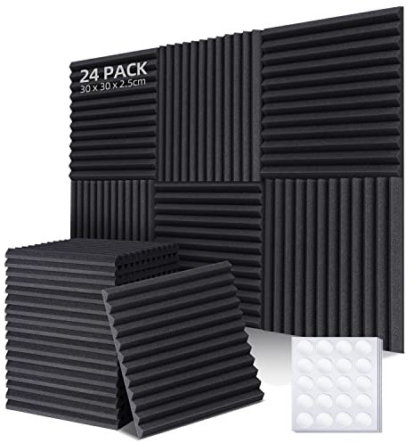 Ohuhu Acoustic Foam Panels 24 Pack with Double-sided Tape, 1x12x12 Sound Proofing Panels Acoustic Panels Acoustic Wall Panels Sound Absorption Fireproof for Recording Studio Office Home
