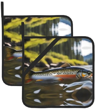 YYHHAOFA Brook Forellen-Fliegenfischer-Bild, quadratisch, isoliert, 2 Stück, hitzebeständig, Küchenmatten, Verbrühungsschutz und Wärmeisolierung, 20,3 x 20,3 cm
