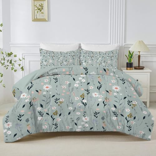 Linfye Sage Green Floral Super King Duvet, Reversible Coverless Leaf Plants Duvet Super King Size, Anti Allergy Bed Quilt 7.5 Tog for All Seasons - 1 Soft Comforter Bedding with 2 Pillowcases - B25