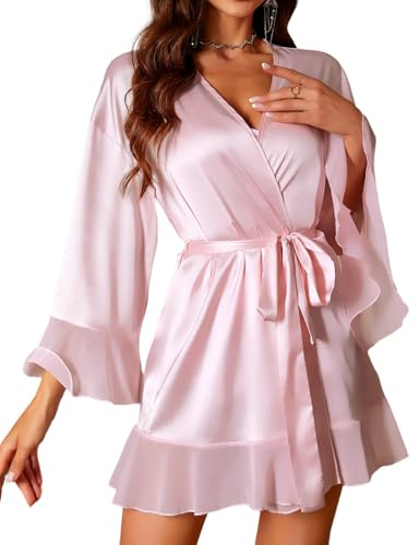 RSLOVE Lingerie sexy da donna, vestaglia in raso con body in seta, biancheria da notte, rosa, XL
